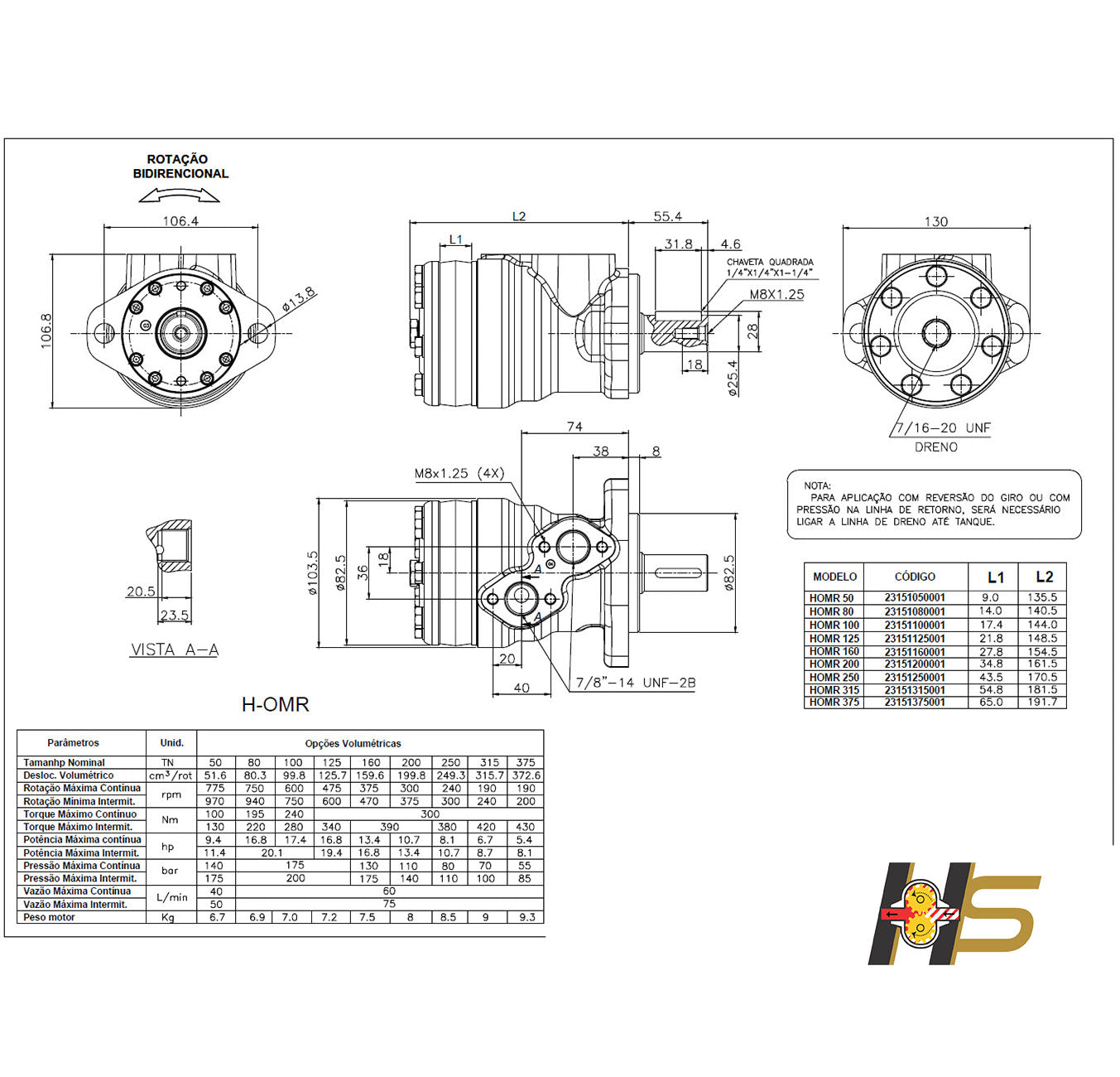 Motor Orbital Hidráulico OMR 200cm³/rot – Flange Oval 2F  - Eixo dia. 1’’ (25,4mm)