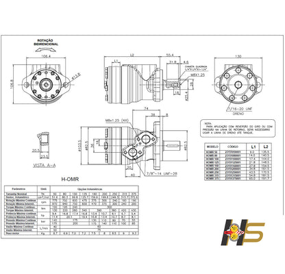 Motor Orbital Hidráulico OMR 200cm³/rot – Flange Oval 2F  - Eixo dia. 1’’ (25,4mm)