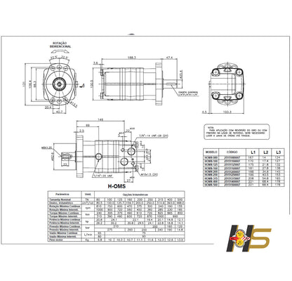 Motor Orbital Hidráulico OMS 200cm³/rot – Flange Oval 6F  - Eixo dia. 1’’ (25,4mm)