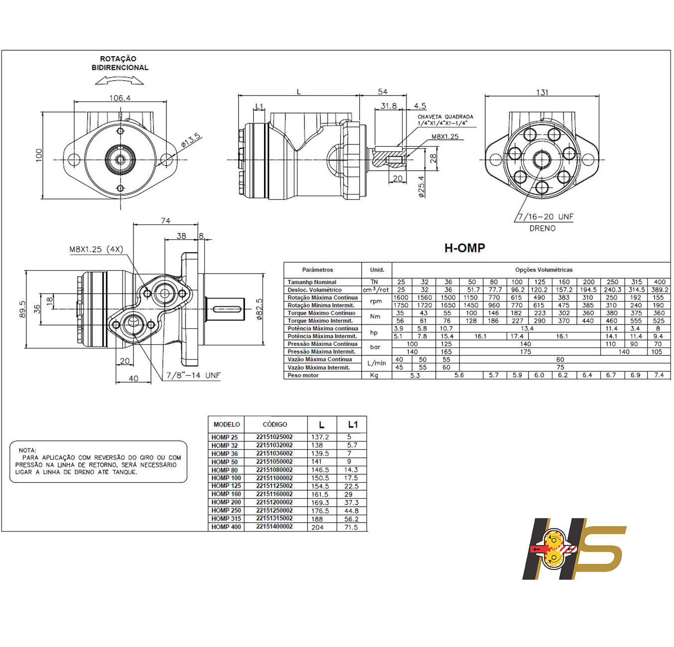 Motor Orbital Hidráulico OMP 200cm³/rot – Flange Oval 2F  - Eixo dia. 1’’ (25,4mm)